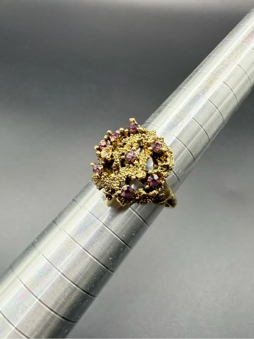 Vintage Gold Tone Adjustable Brutalist Amethyst Coral Nugget Style Ring Size 7.5
